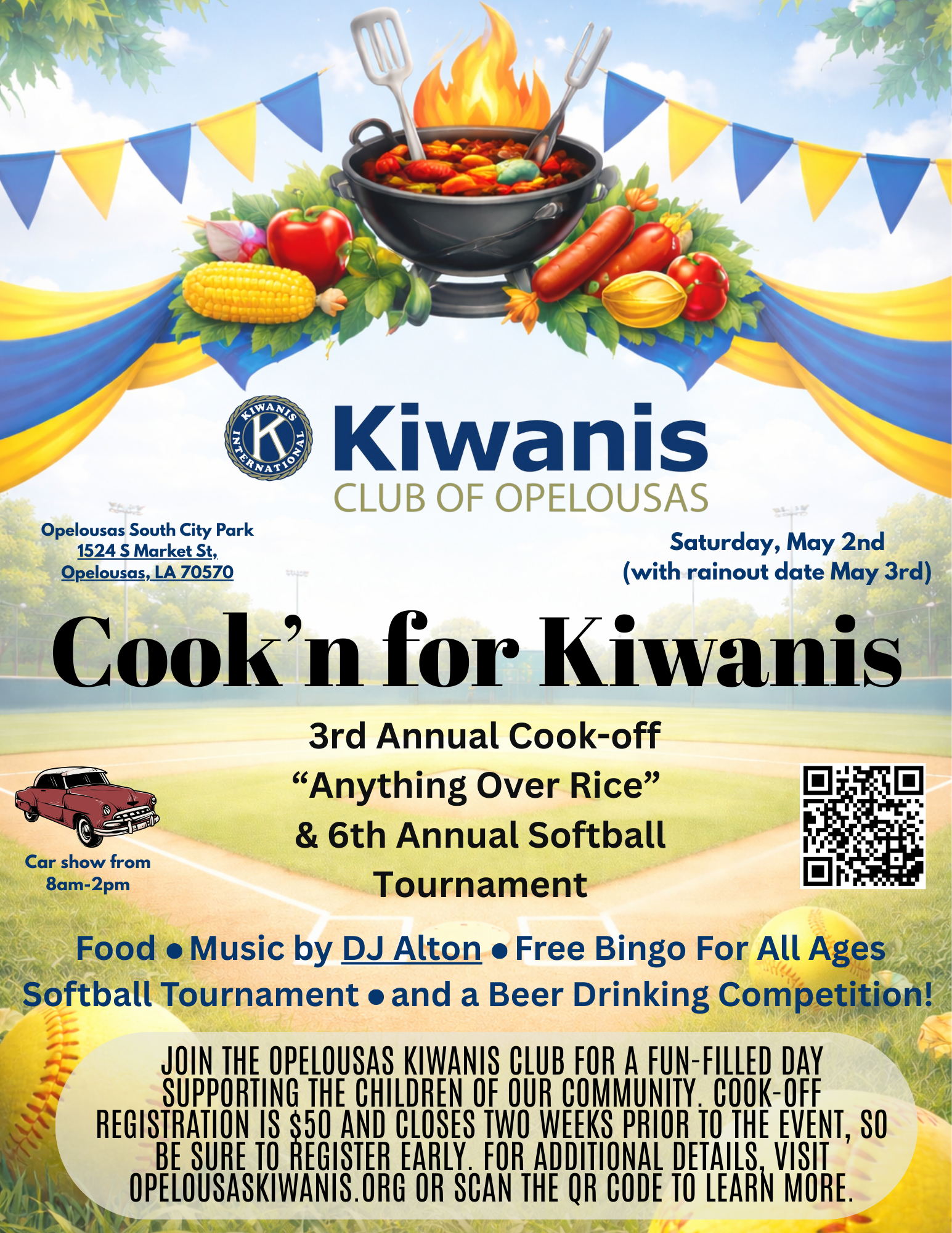 Kiwanis Club of Opelousas Announces 6th Annual Co-Ed Softball Tournament, 3rd Annual Cook’n for Kiwanis Cook-off, 1st Annual Car Show, Live Entertainment, & BINGO for all ages!